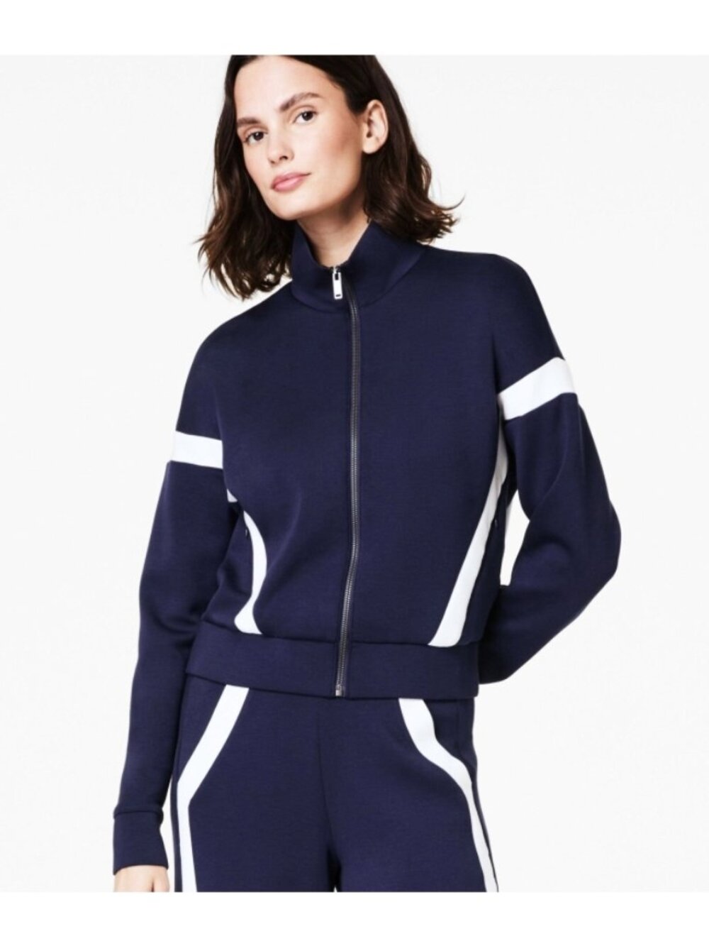 Spanx AirEssentials Striped Track Jacket Timeless Navy Zip-Up Sporty Athletic M
